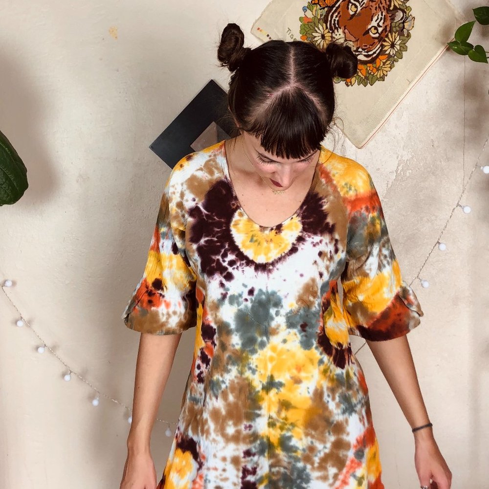 Fall Tone Custom Tie Dye Flare Sleeve Bohemian Peasant 3/4 Sleeve Top - Picture 2 of 10